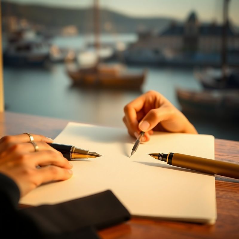 Mână scriind cu un stilou pe hârtie de calitate, cu portul Constanței în plan îndepărtat